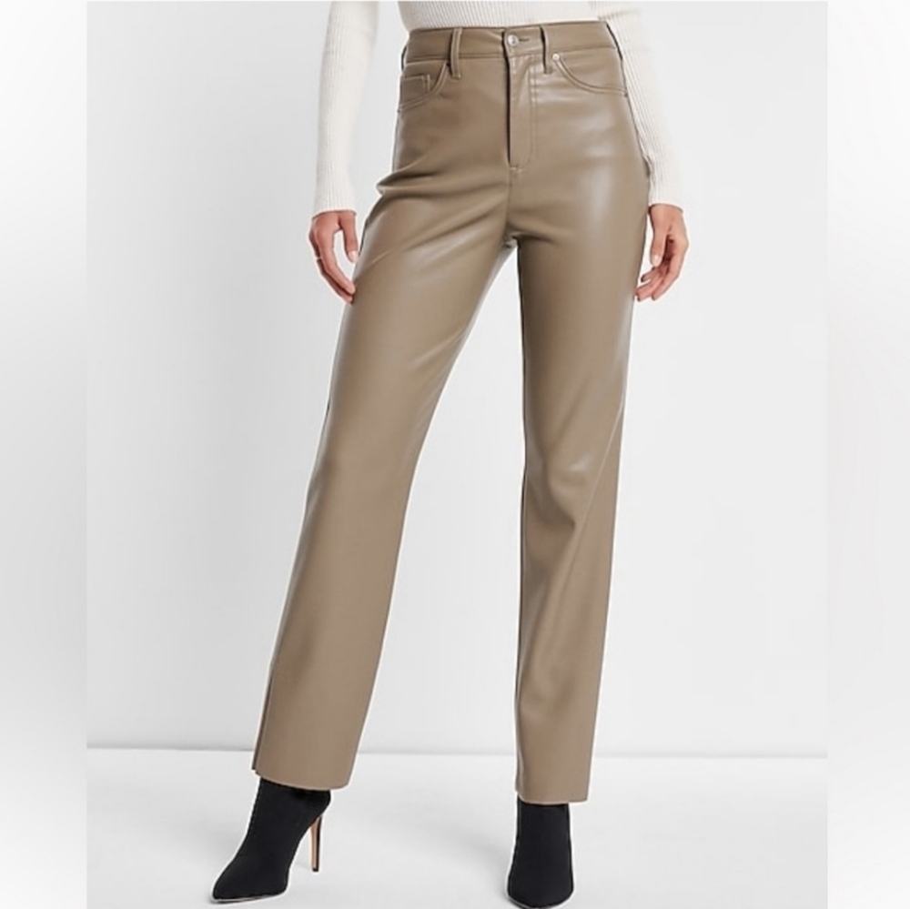 Express Faux Leather Super High Rise Straight Leg Pants - Taupe, Size S